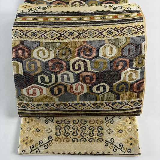 【美品】 袋帶 名品級 幾何學 金絲 米色 六通 純蠶絲