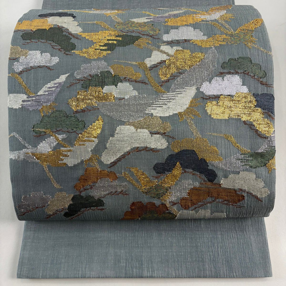 袋帶 秀品級 夏帶 笠松樹 仙鶴 金絲 金金箔 青灰 素材 純蠶絲