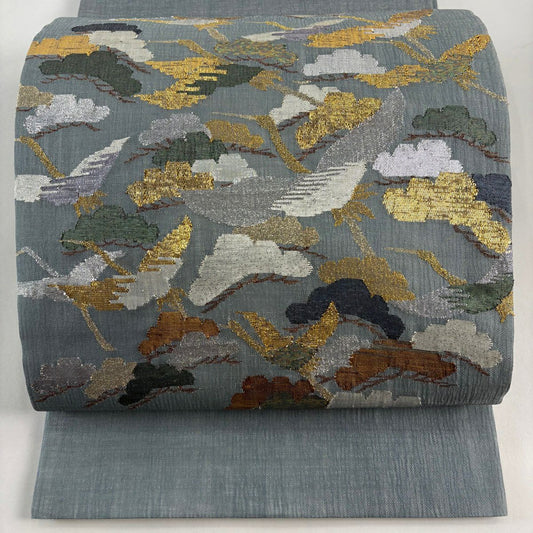 袋帶 秀品級 夏帶 笠松樹 仙鶴 金絲 金金箔 青灰 素材 純蠶絲
