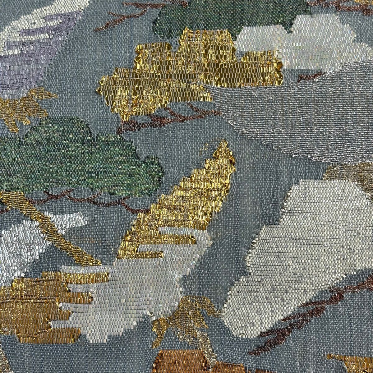 袋帶 秀品級 夏帶 笠松樹 仙鶴 金絲 金金箔 青灰 素材 純蠶絲