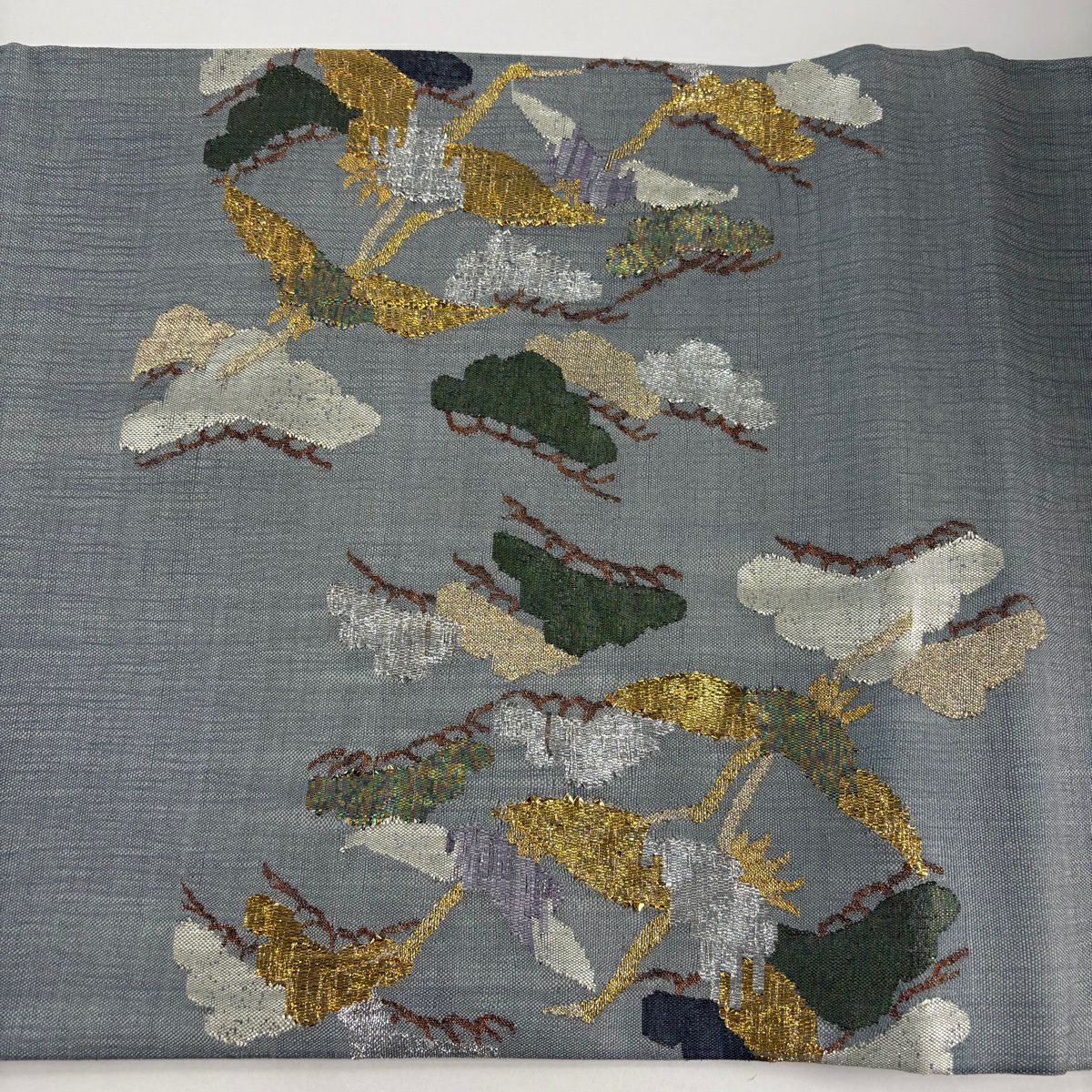 袋帶 秀品級 夏帶 笠松樹 仙鶴 金絲 金金箔 青灰 素材 純蠶絲