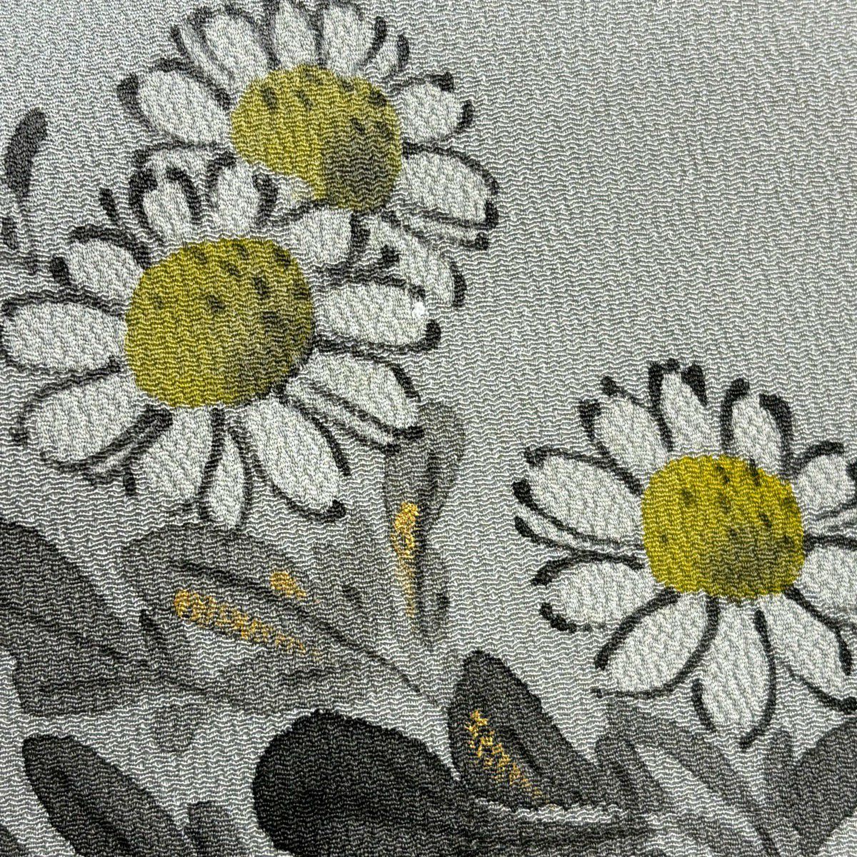 【美品】 名古屋帶 秀品級 菊花 金彩裝飾 縮緬 灰綠 純蠶絲
