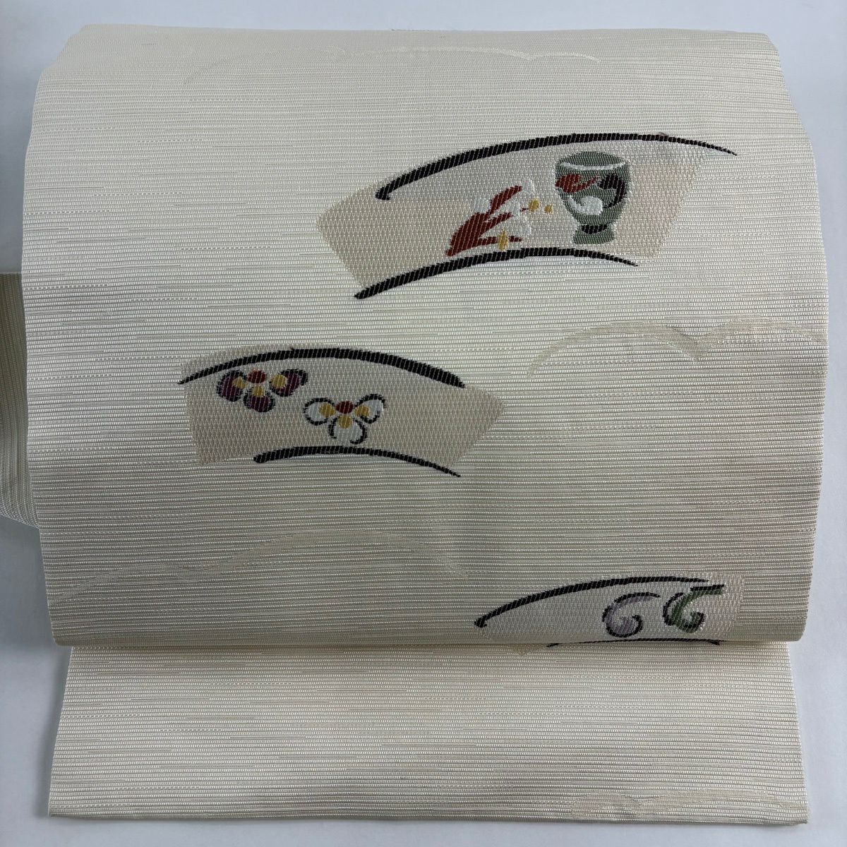 名古屋帶 秀品級 扇子面 花鳥 奶油色 純蠶絲