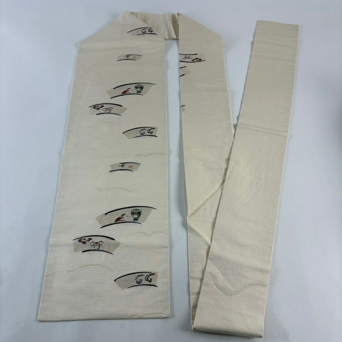 名古屋帶 秀品級 扇子面 花鳥 奶油色 純蠶絲