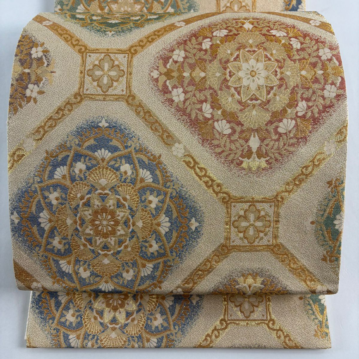 【美品】 袋帶 秀品級 菱天井精華紋 金絲 金金箔 米色 六通 純蠶絲