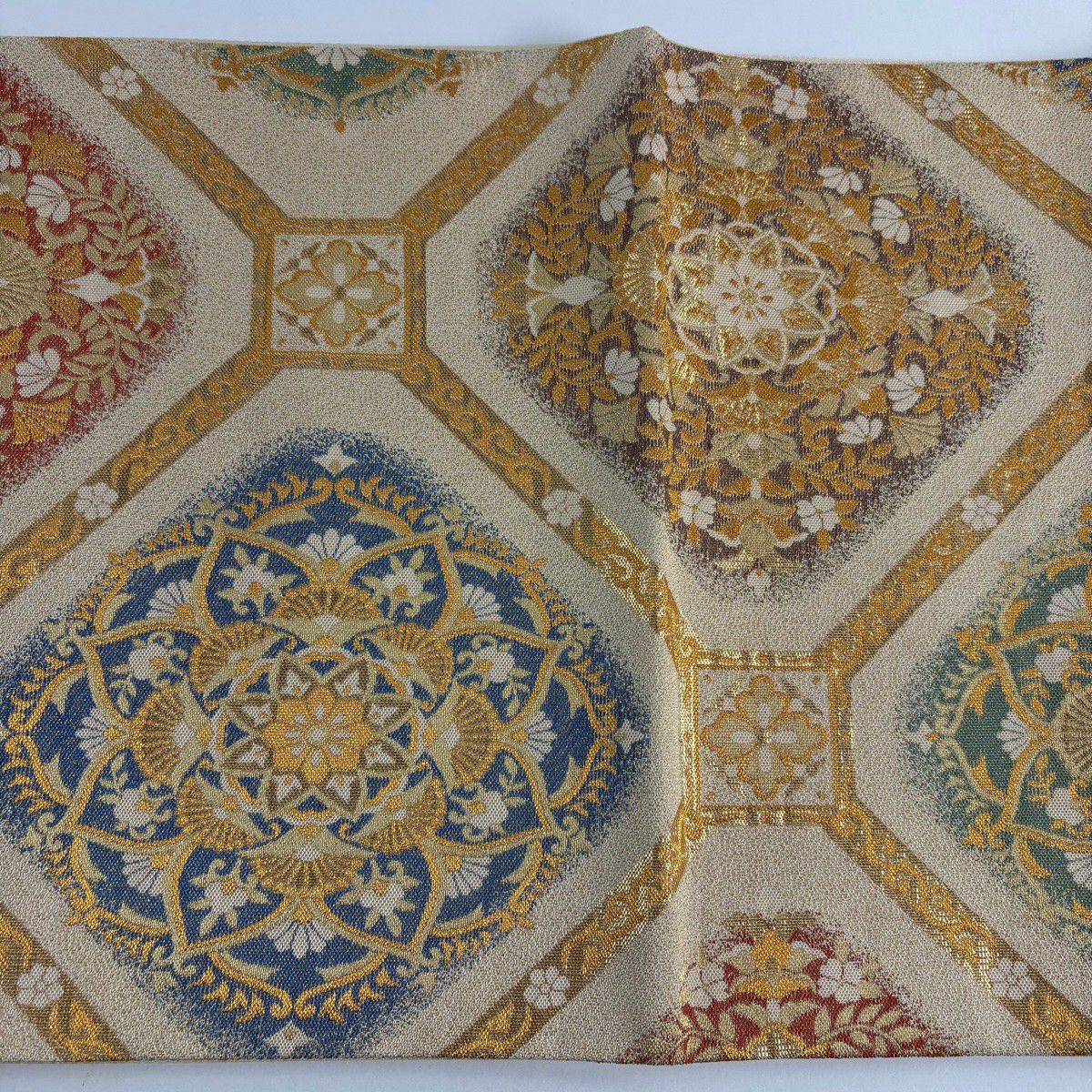 【美品】 袋帶 秀品級 菱天井精華紋 金絲 金金箔 米色 六通 純蠶絲