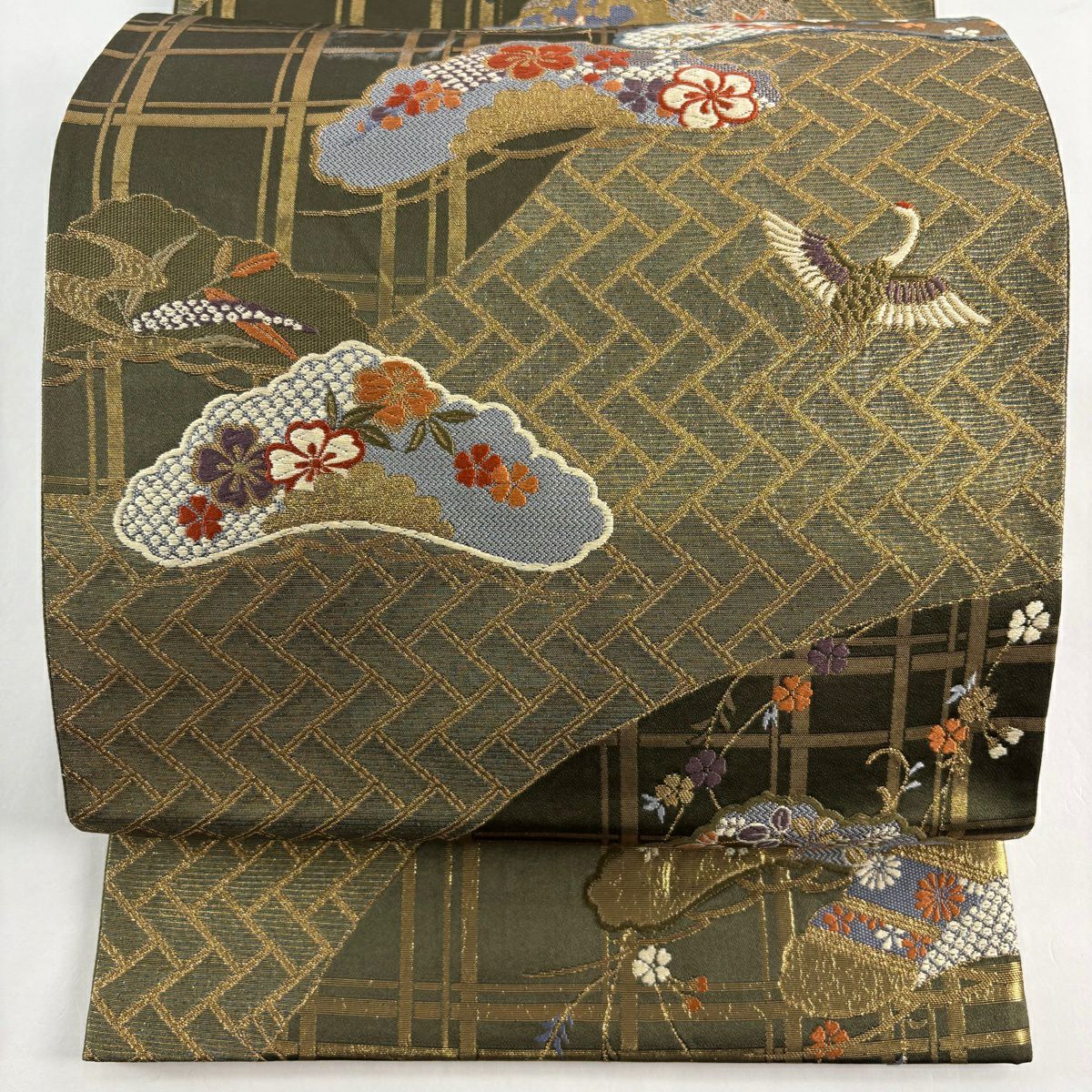 袋帶 秀品級 松樹竹子梅花 仙鶴 金糸 金金箔 灰綠 六通 純蠶絲