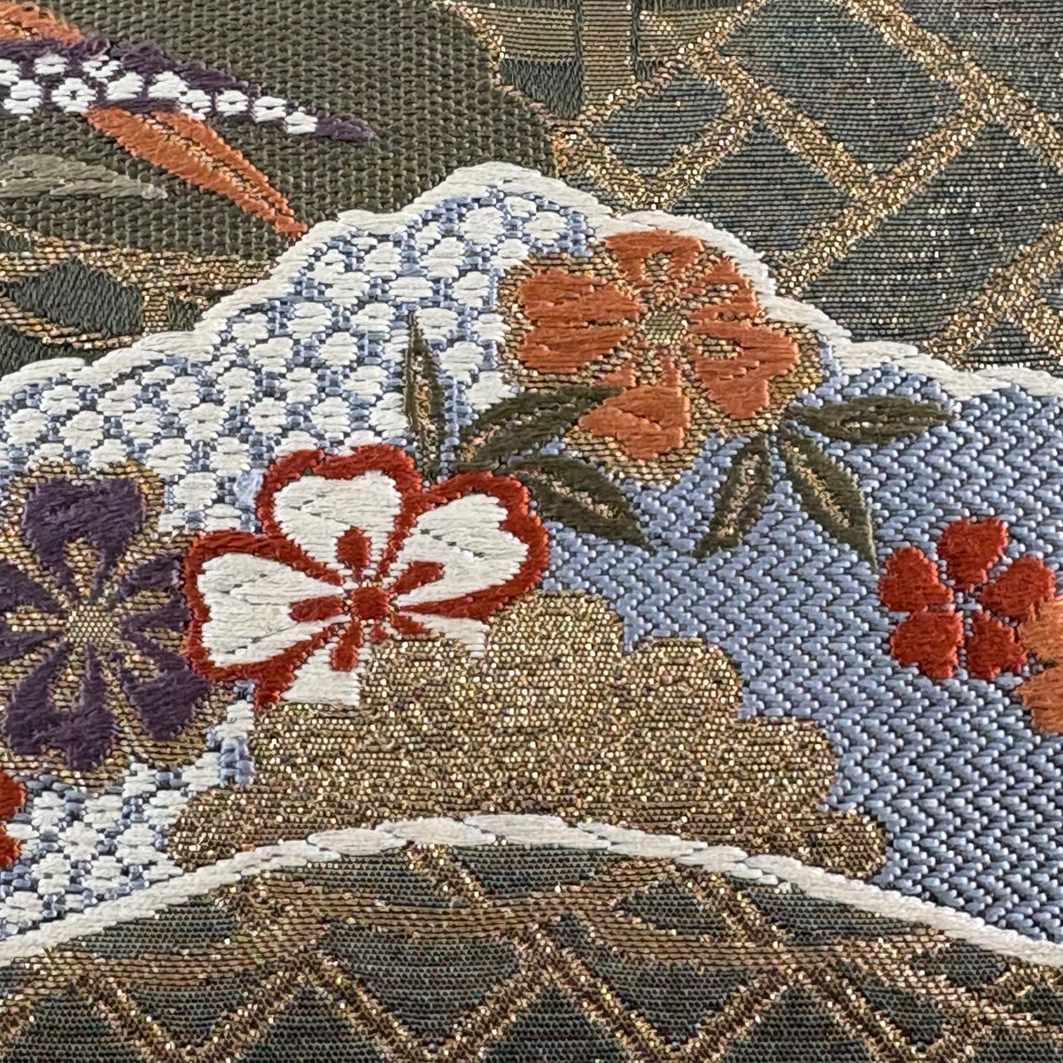 袋帶 秀品級 松樹竹子梅花 仙鶴 金糸 金金箔 灰綠 六通 純蠶絲