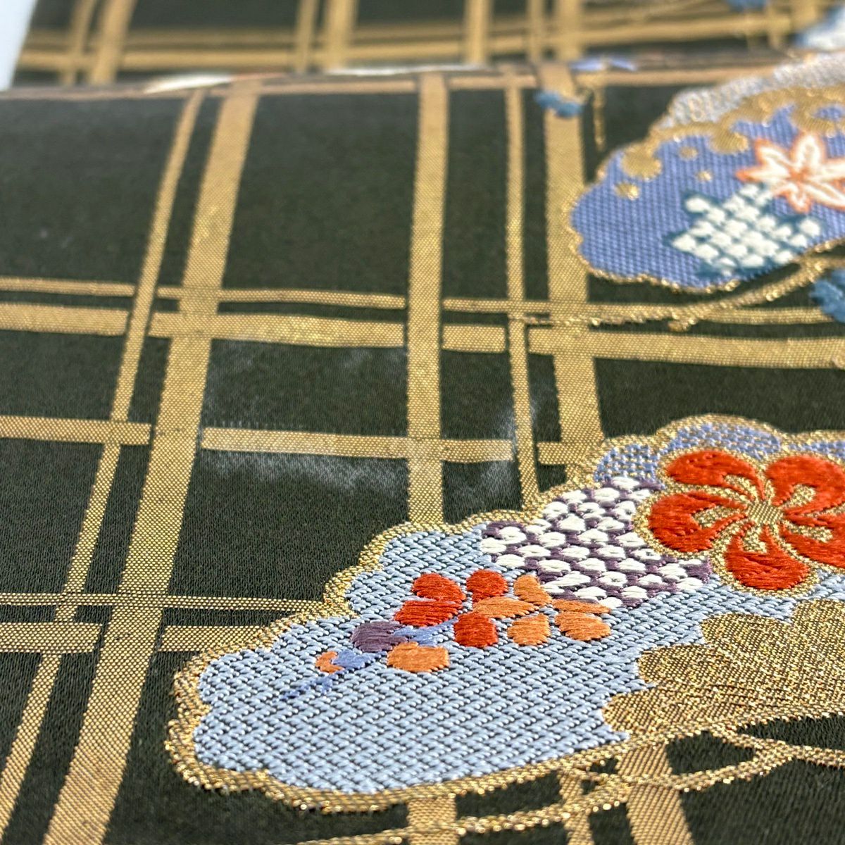 袋帶 秀品級 松樹竹子梅花 仙鶴 金糸 金金箔 灰綠 六通 純蠶絲