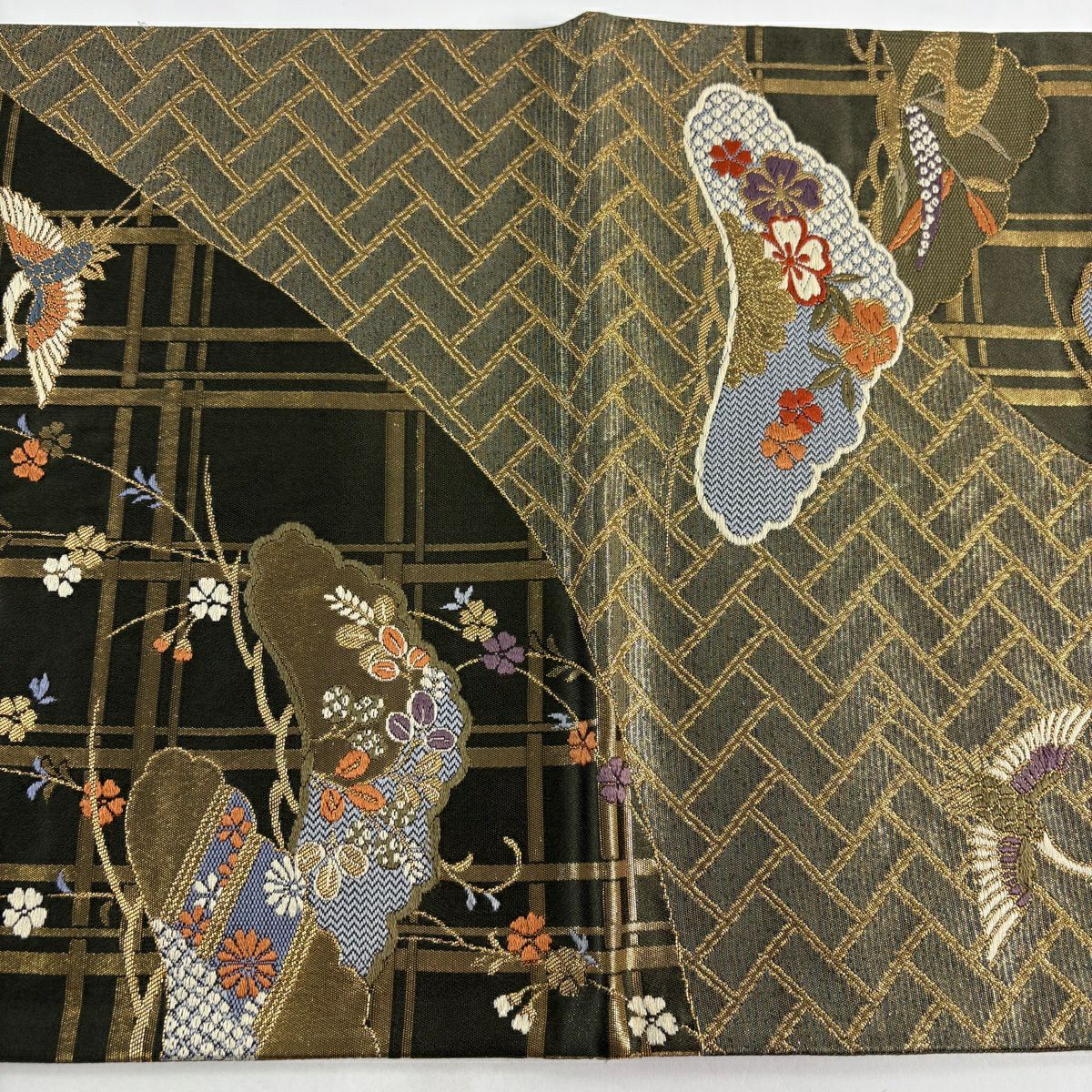袋帶 秀品級 松樹竹子梅花 仙鶴 金糸 金金箔 灰綠 六通 純蠶絲