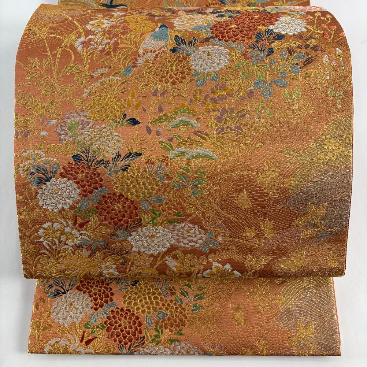 【美品】 袋帶 秀品級 秋草 鳥 金銀彩 金金箔 紅茶 六通 純蠶絲