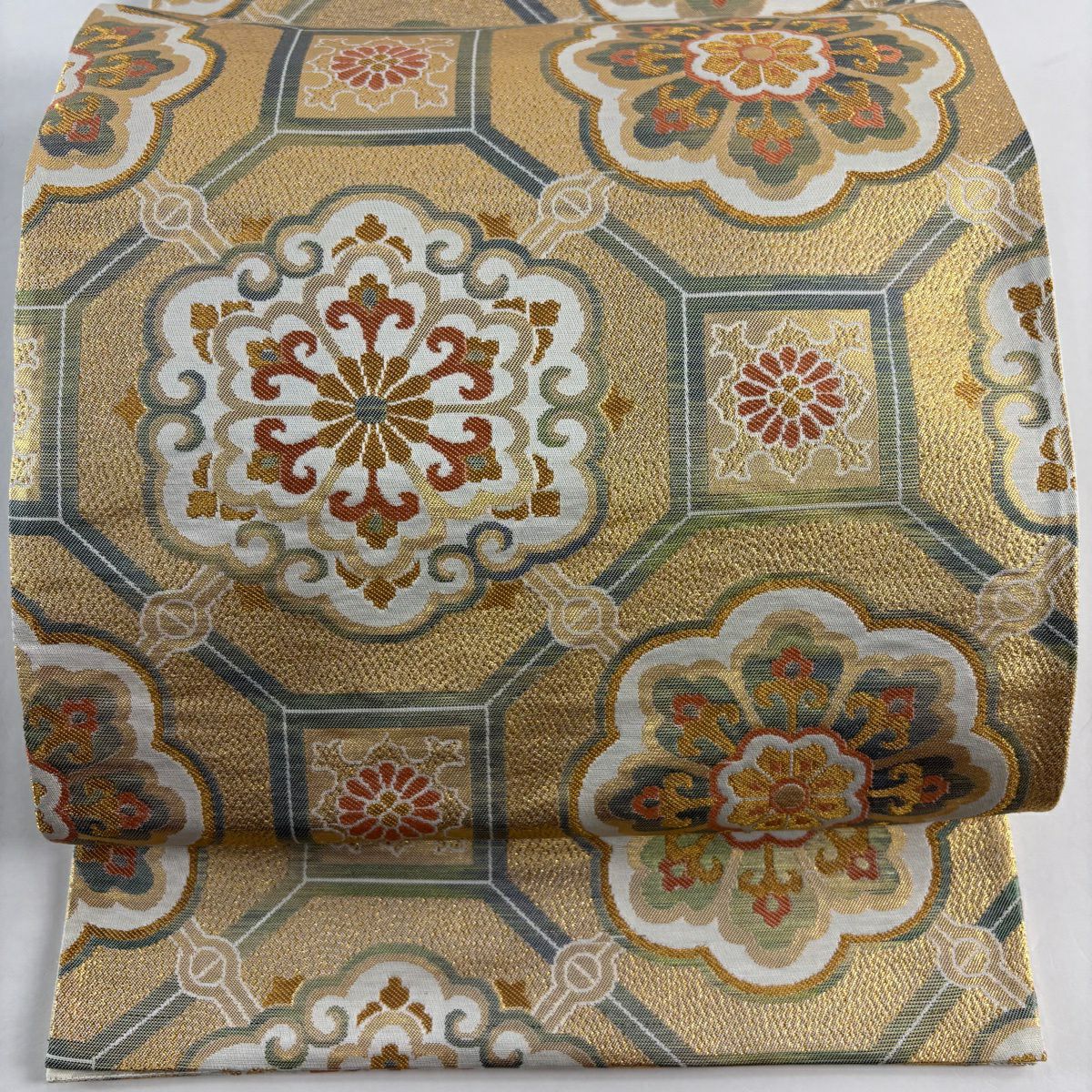 【美品】 袋帶 秀品級 蜀江華紋 金絲 金金箔 金色 六通 純蠶絲