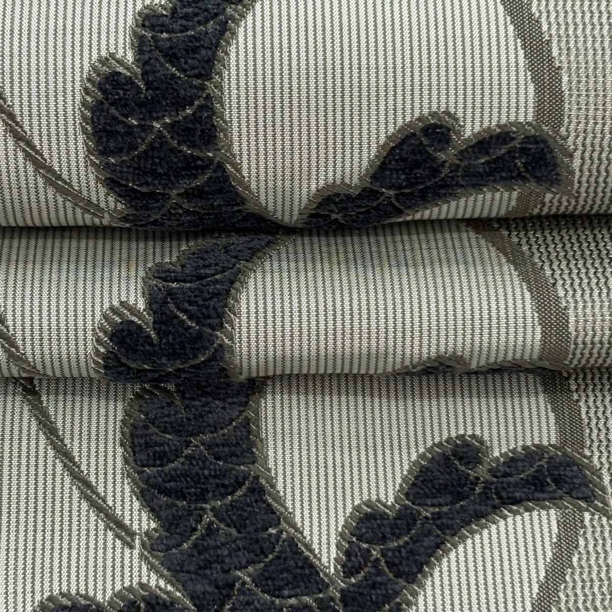 【美品】 袋帶 逸品級 川島織物 落款あり 草花紋紋 よろけ縞 モール織 灰 深藍 六通 純蠶絲