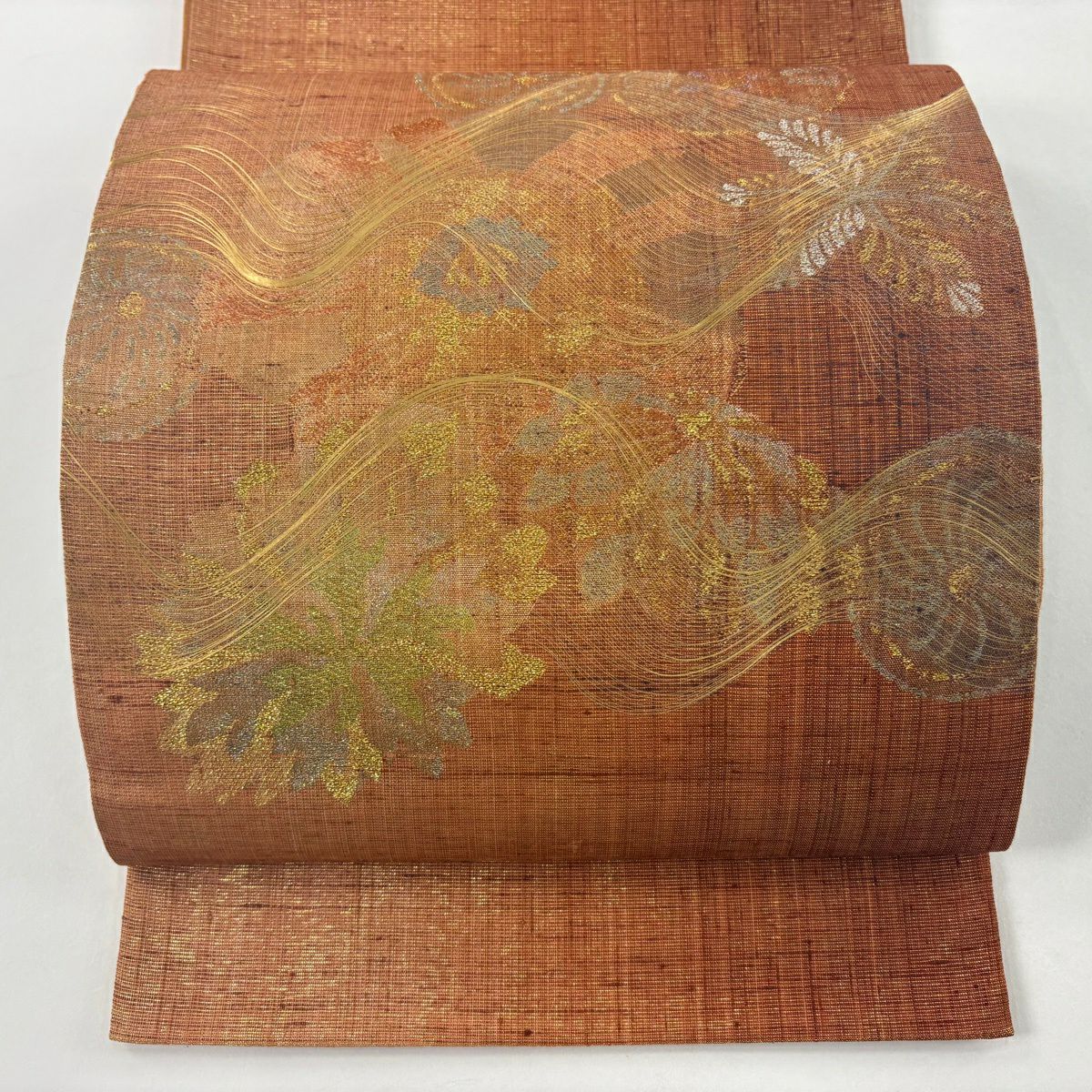 【美品】 袋帶 逸品級 草花紋 圓文 金銀絲 金金箔 橙色 大鼓圖案 純蠶絲