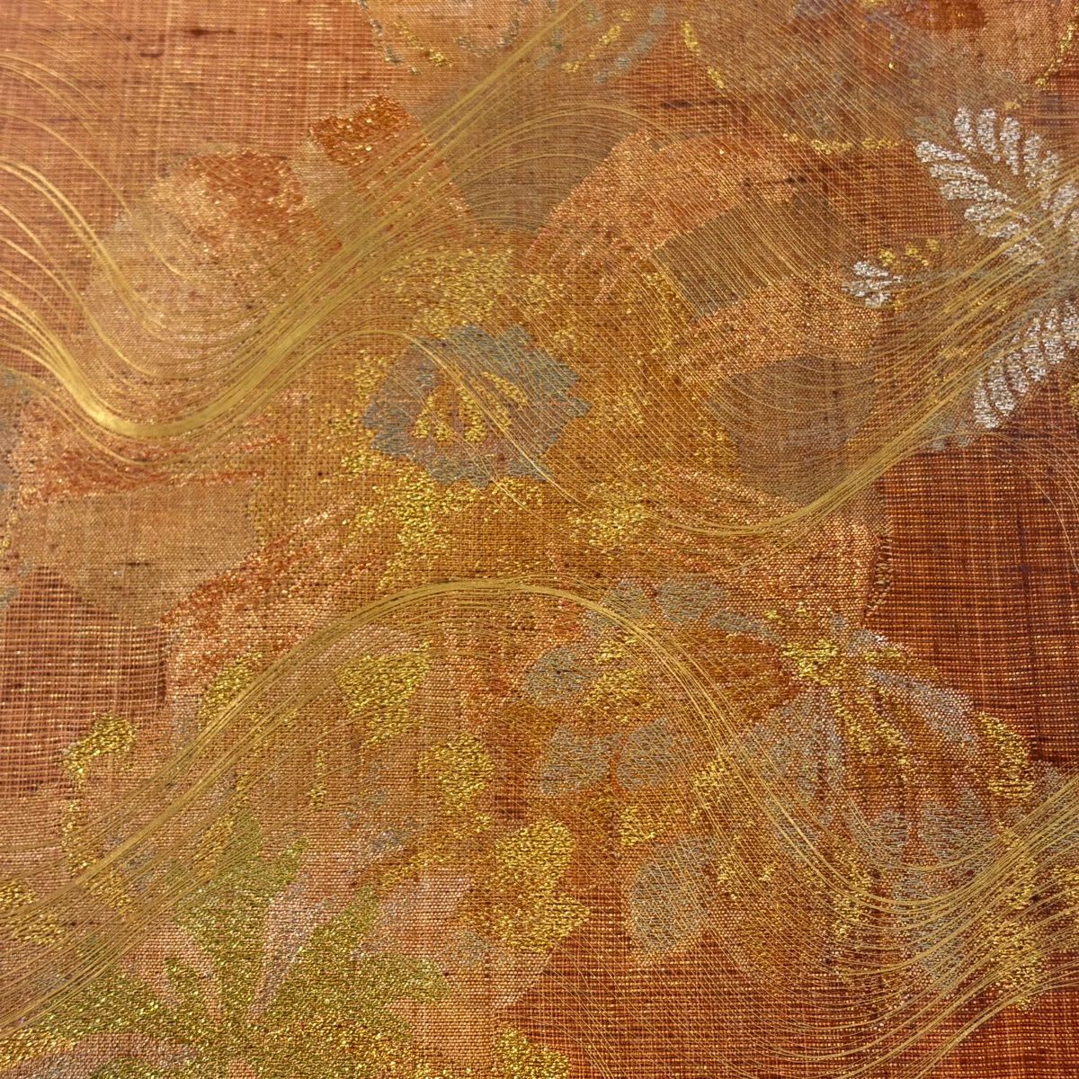 【美品】 袋帶 逸品級 草花紋 圓文 金銀絲 金金箔 橙色 大鼓圖案 純蠶絲