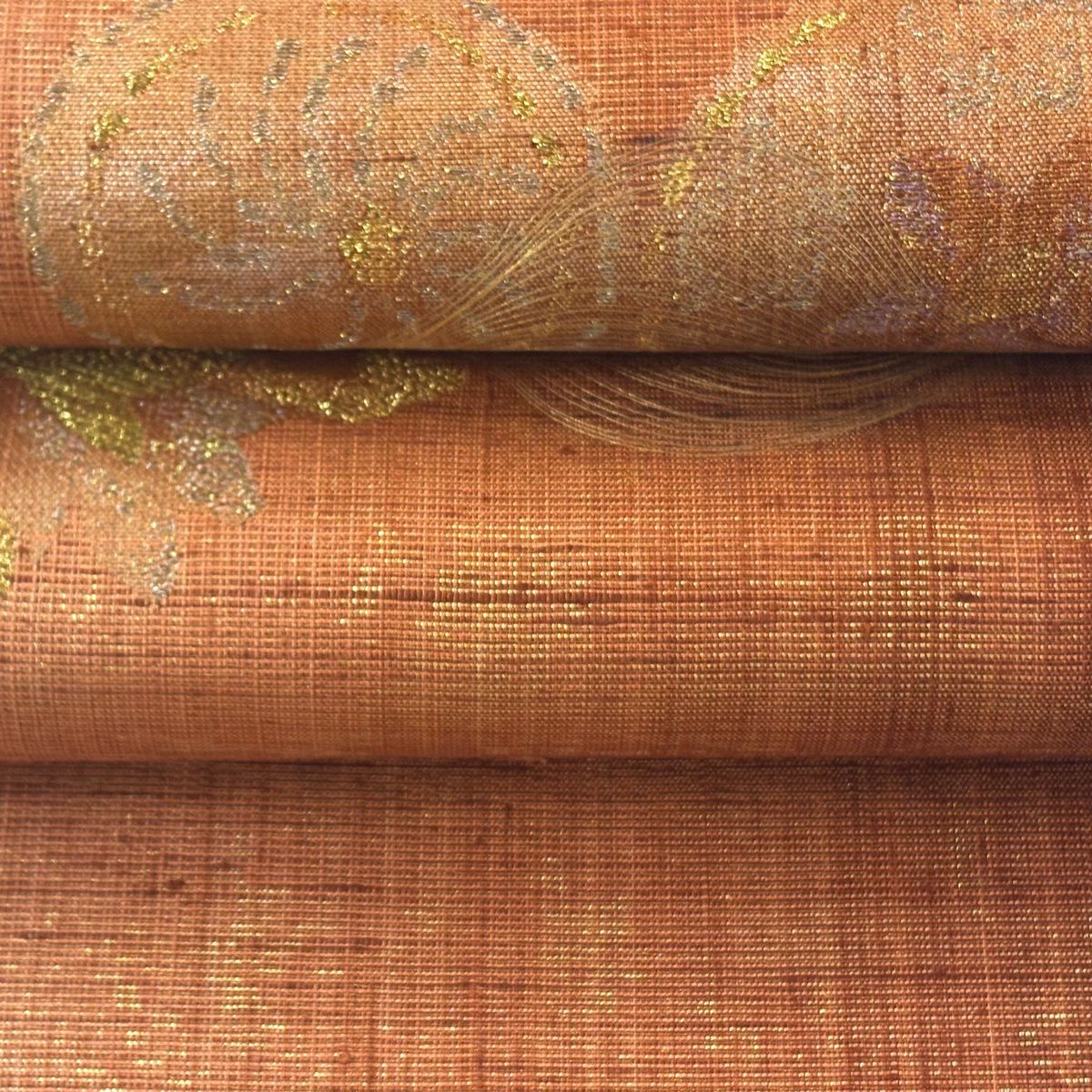 【美品】 袋帶 逸品級 草花紋 圓文 金銀絲 金金箔 橙色 大鼓圖案 純蠶絲
