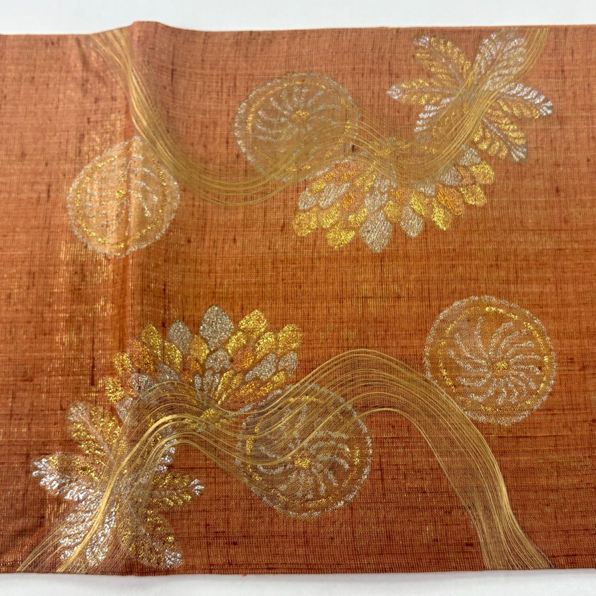 【美品】 袋帶 逸品級 草花紋 圓文 金銀絲 金金箔 橙色 大鼓圖案 純蠶絲