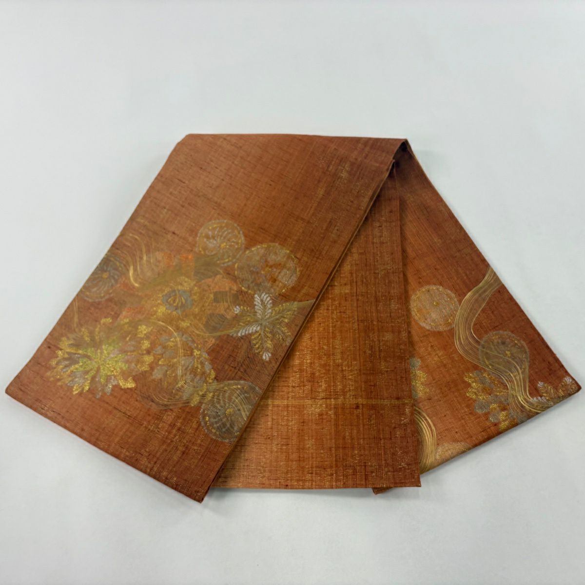 【美品】 袋帶 逸品級 草花紋 圓文 金銀絲 金金箔 橙色 大鼓圖案 純蠶絲
