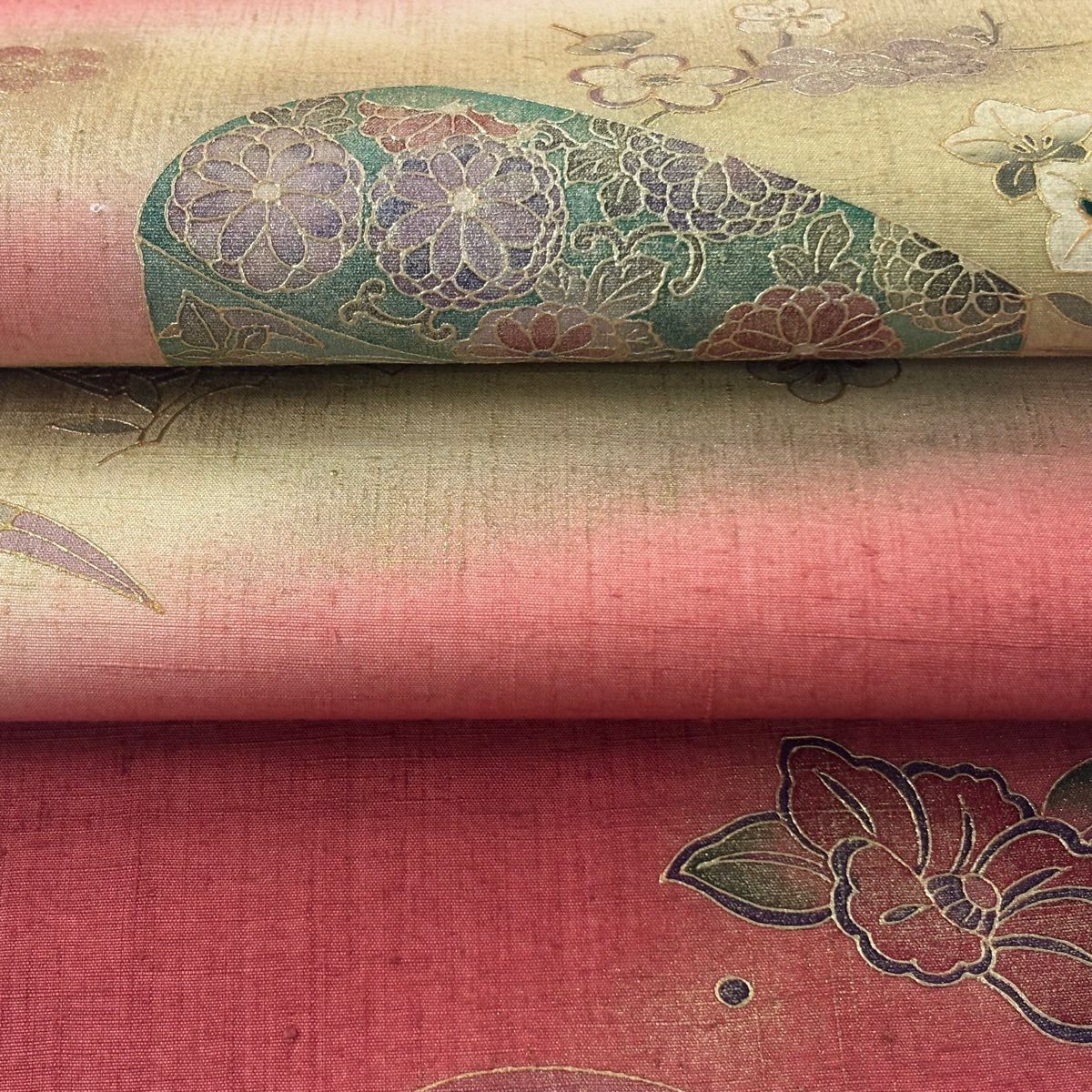 袋帶 逸品級 紬織織 文箱 桔梗 金銀彩 漸變 濃粉紅 大鼓圖案 純蠶絲