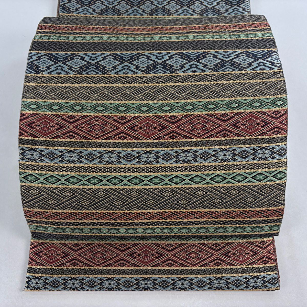 【美品】 袋帶 逸品級 落款あり 証紙あり 小森草木染工房 博多織 佐賀錦 段紋 菱 金金箔 金絲 灰色 全通 純蠶絲