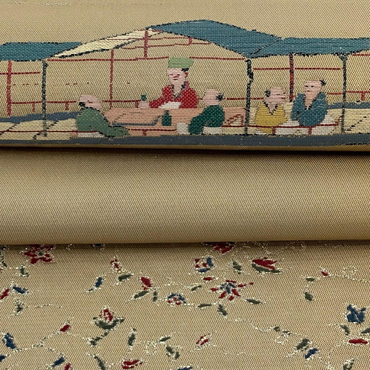 袋帶 逸品級 龍村平蔵 落款あり 本袋 人物 文字 金金箔 薄茶 純蠶絲