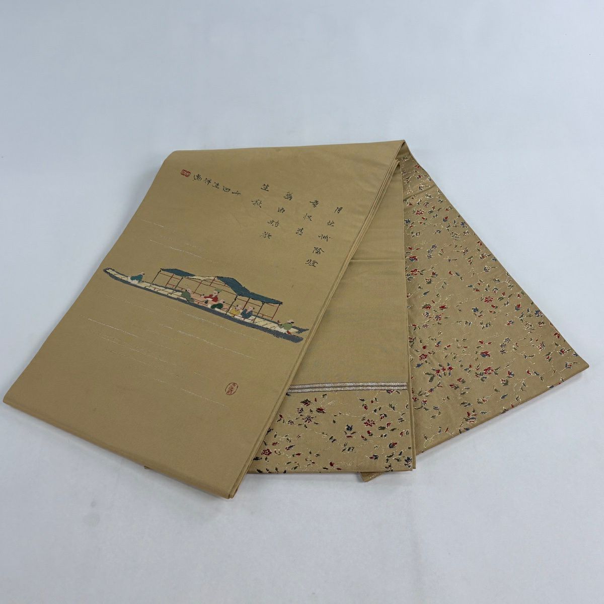 袋帶 逸品級 龍村平蔵 落款あり 本袋 人物 文字 金金箔 薄茶 純蠶絲