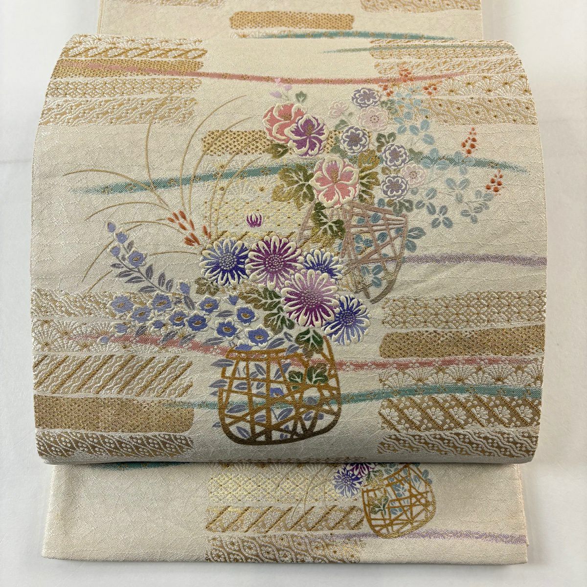 袋帶 名品級 花籠 七寶 金絲 金金箔 米色 大鼓圖案 純蠶絲
