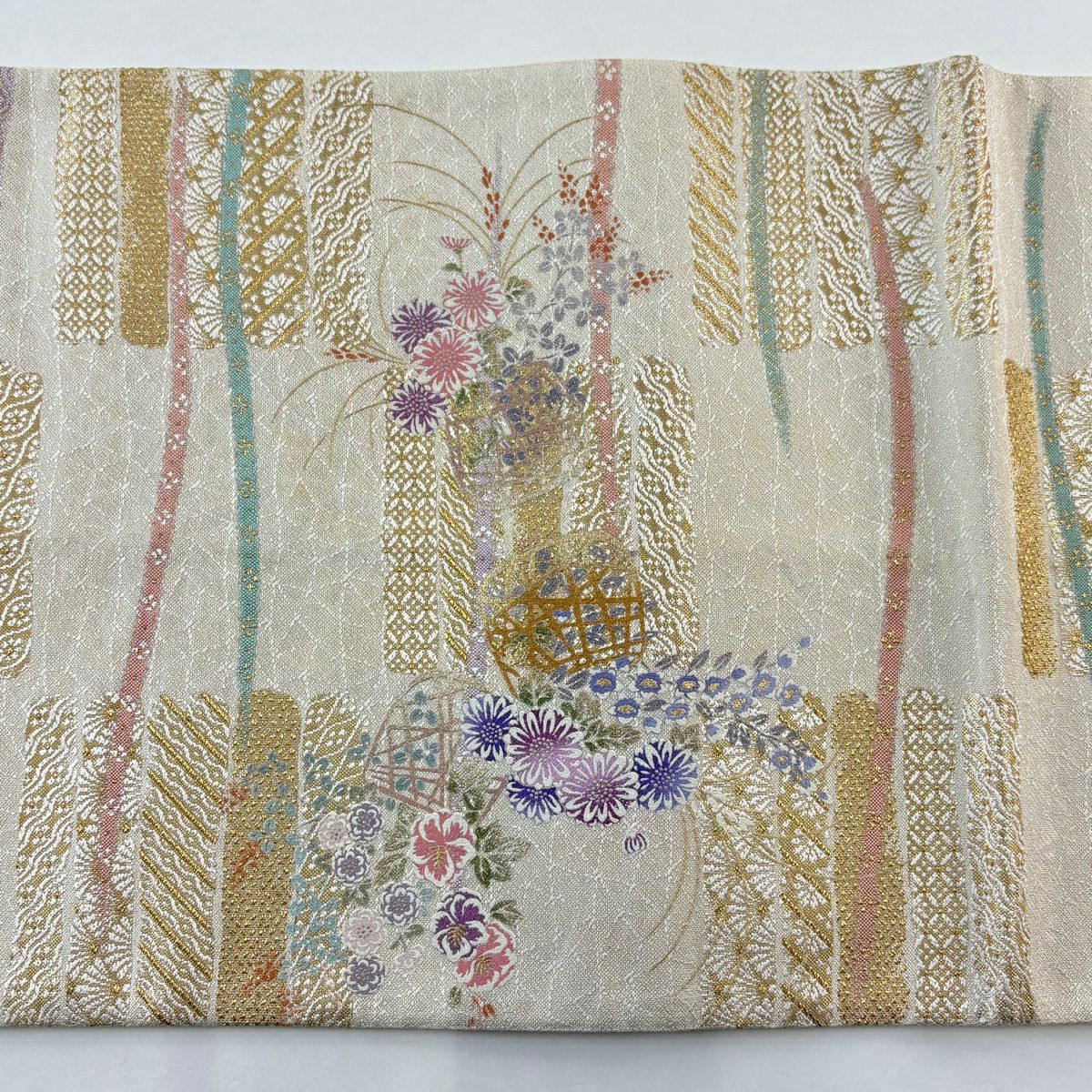 袋帶 名品級 花籠 七寶 金絲 金金箔 米色 大鼓圖案 純蠶絲