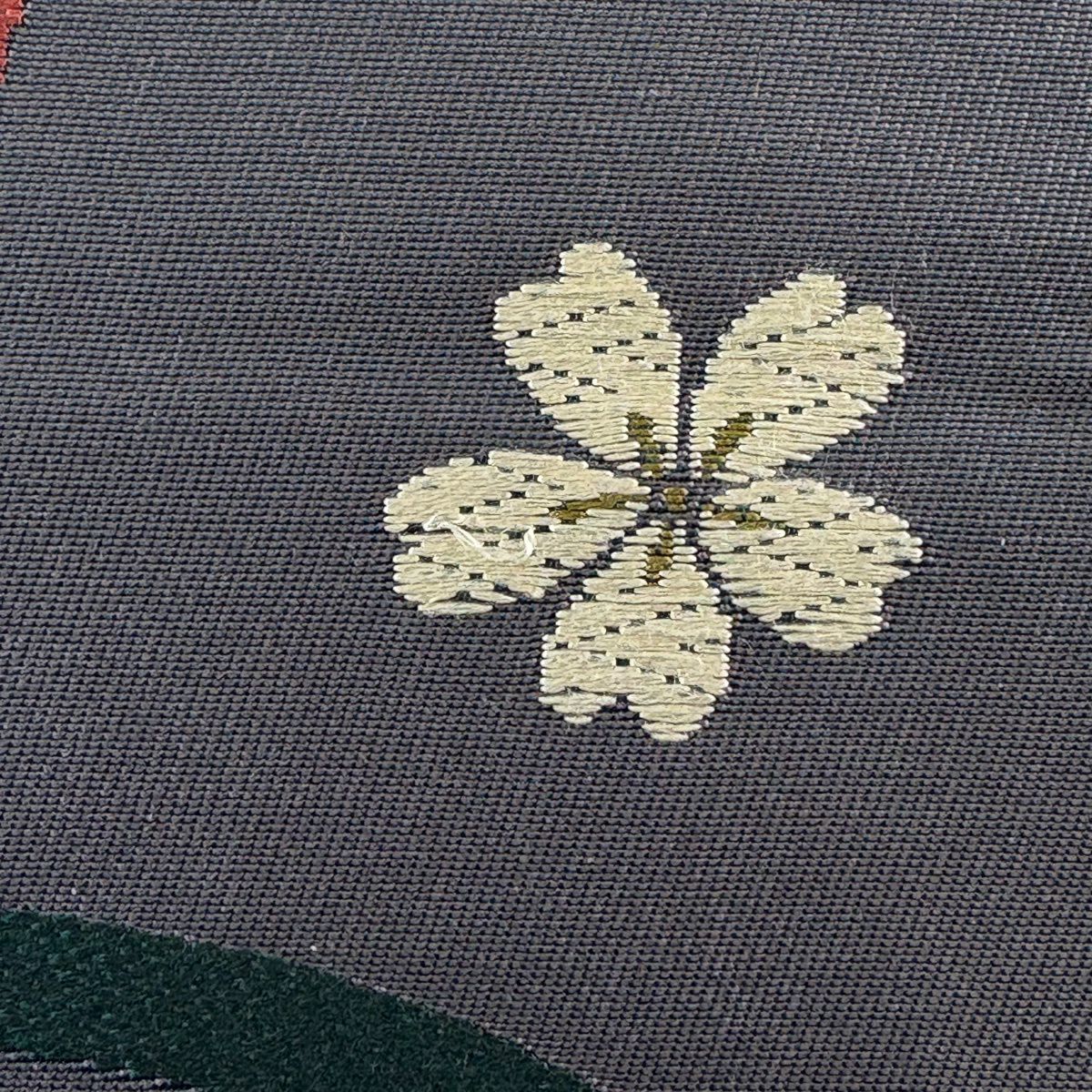 袋帶 名品級 櫻花花瓣 唐織 深綠 六通 純蠶絲