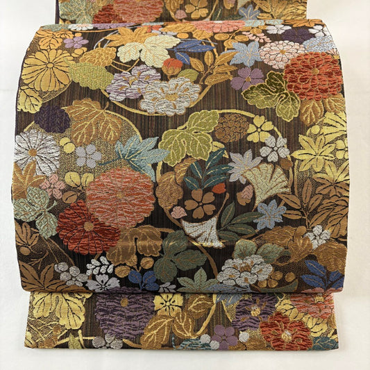 【美品】 袋帶 名品級 吹寄花的圓形 金絲 金金箔 焦茶 六通 純蠶絲