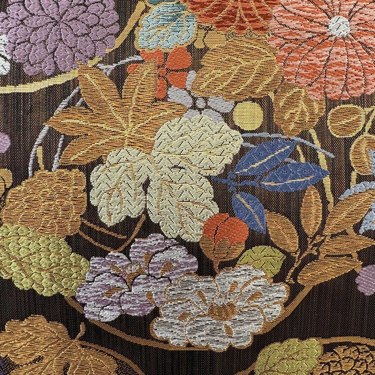 【美品】 袋帶 名品級 吹寄花的圓形 金絲 金金箔 焦茶 六通 純蠶絲