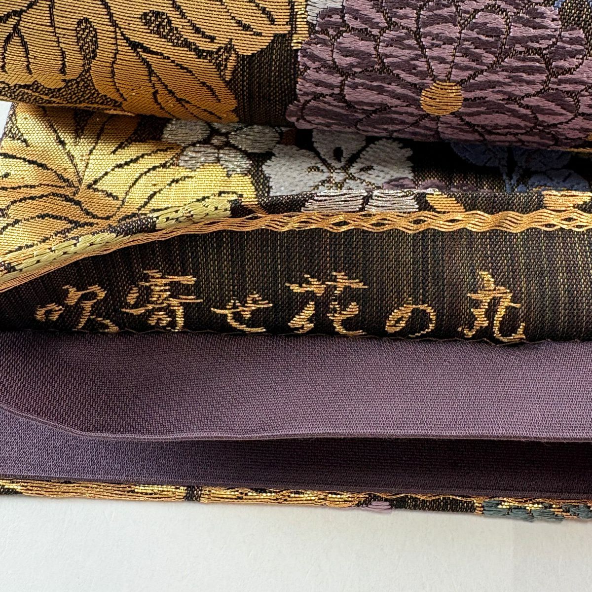【美品】 袋帶 名品級 吹寄花的圓形 金絲 金金箔 焦茶 六通 純蠶絲