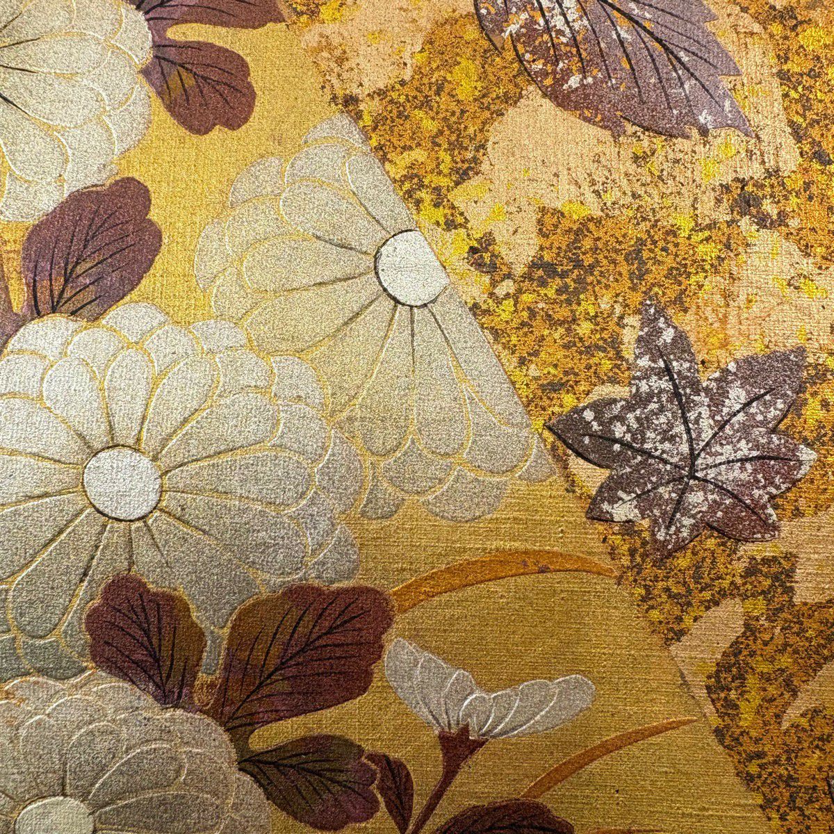 袋帶 名品級 紬織織 秋草 裂取 金銀彩 黃土 深藍柄 純蠶絲