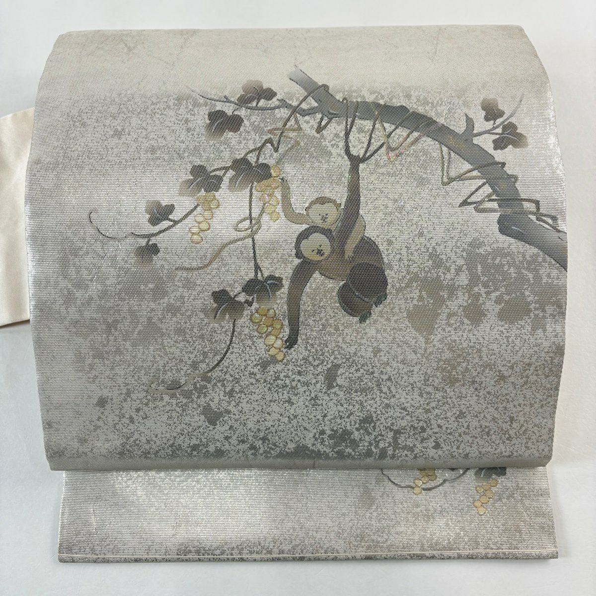 名古屋帶 名品級 猿 葡萄 螺鈿金金箔 銀色 純蠶絲