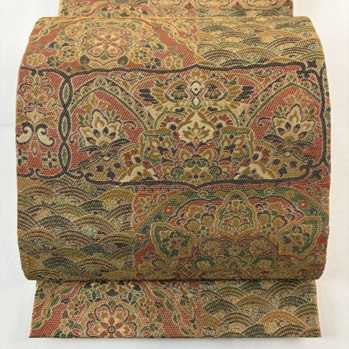 【美品】 袋帶 名品級 華紋 波 輪奈織 金絲 紅茶 六通 純蠶絲