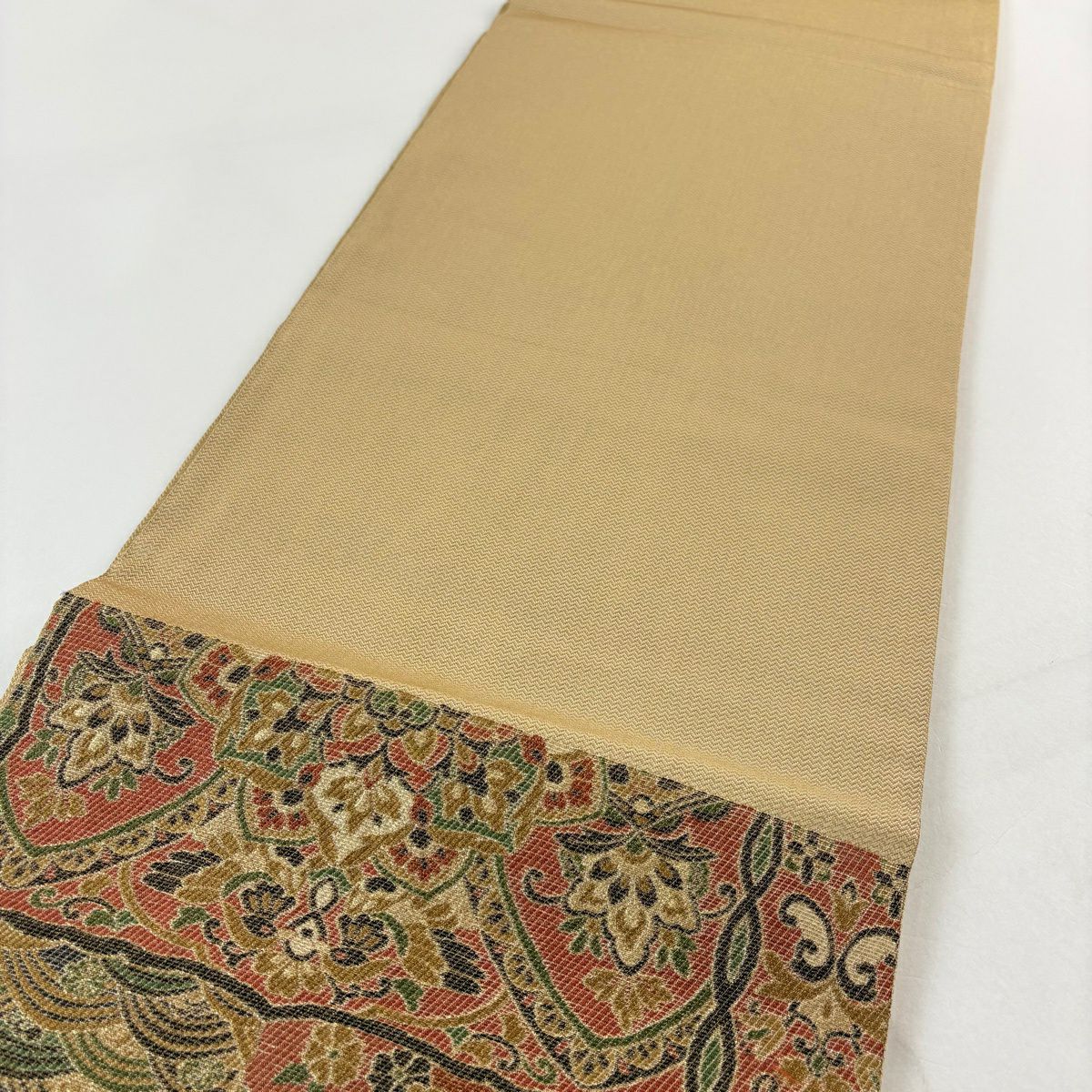 【美品】 袋帶 名品級 華紋 波 輪奈織 金絲 紅茶 六通 純蠶絲