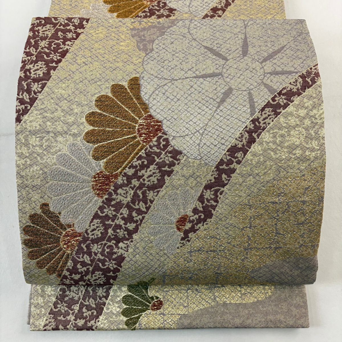 【美品】 袋帶 名品級 菊花 雪輪 金銀絲 金金箔 薄小豆 六通 純蠶絲