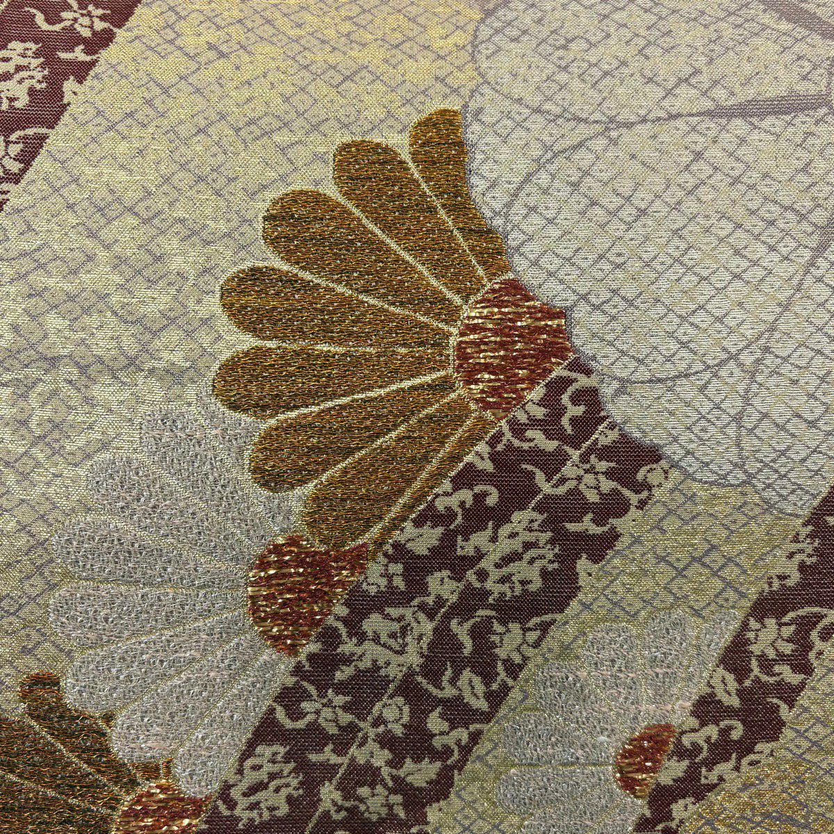 【美品】 袋帶 名品級 菊花 雪輪 金銀絲 金金箔 薄小豆 六通 純蠶絲