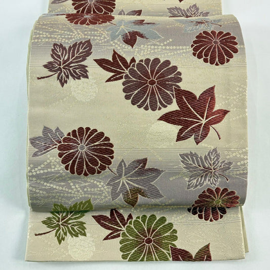 【美品】 袋帶 名古屋帶 優品級 菊花葉紋 金金箔 淺茶 化纖