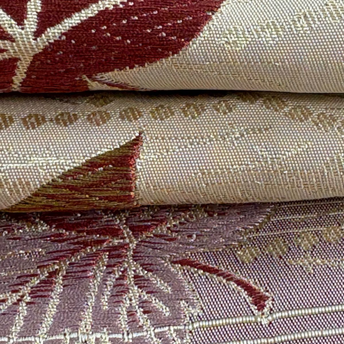 【美品】 袋帶 名古屋帶 優品級 菊花葉紋 金金箔 淺茶 化纖