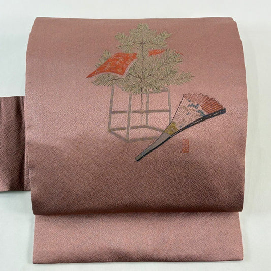 【美品】 名古屋帶 優品級 扇子子 松樹樹 銀線 金金箔 小豆色 純蠶絲