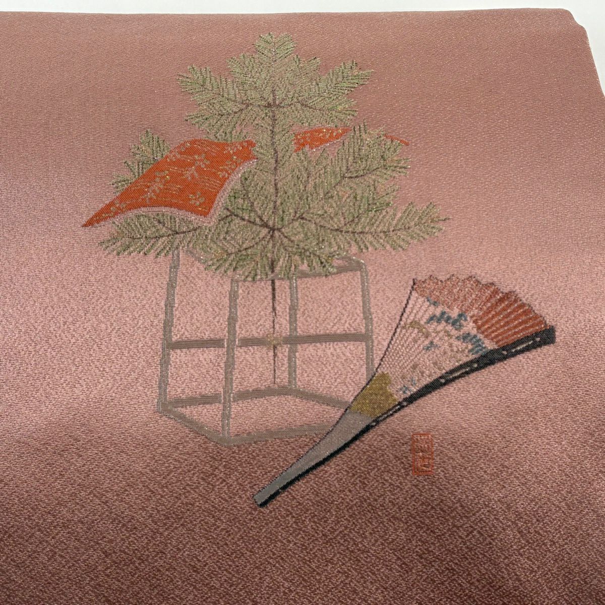 【美品】 名古屋帶 優品級 扇子子 松樹樹 銀線 金金箔 小豆色 純蠶絲