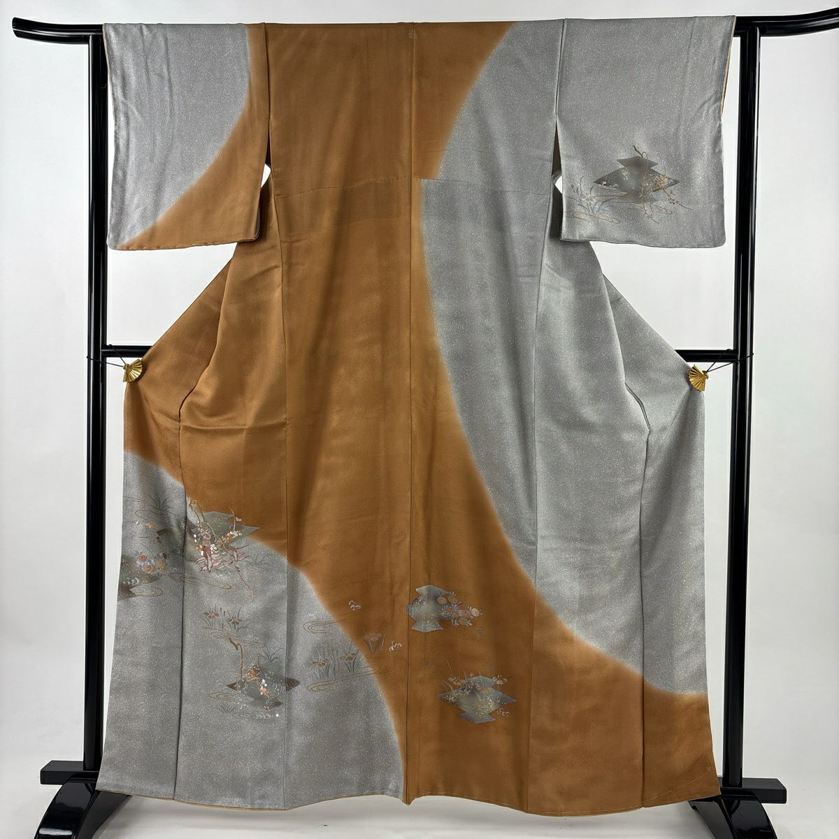 訪問服 身長162cm 袖長63cm S 雙層 草花紋紋 流水 金銀彩 刺繡 茶 純蠶絲 秀品級 一つ紋