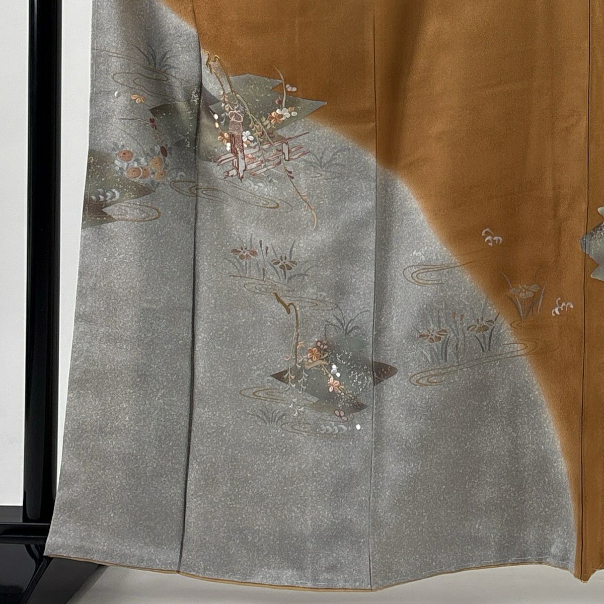 訪問服 身長162cm 袖長63cm S 雙層 草花紋紋 流水 金銀彩 刺繡 茶 純蠶絲 秀品級 一つ紋