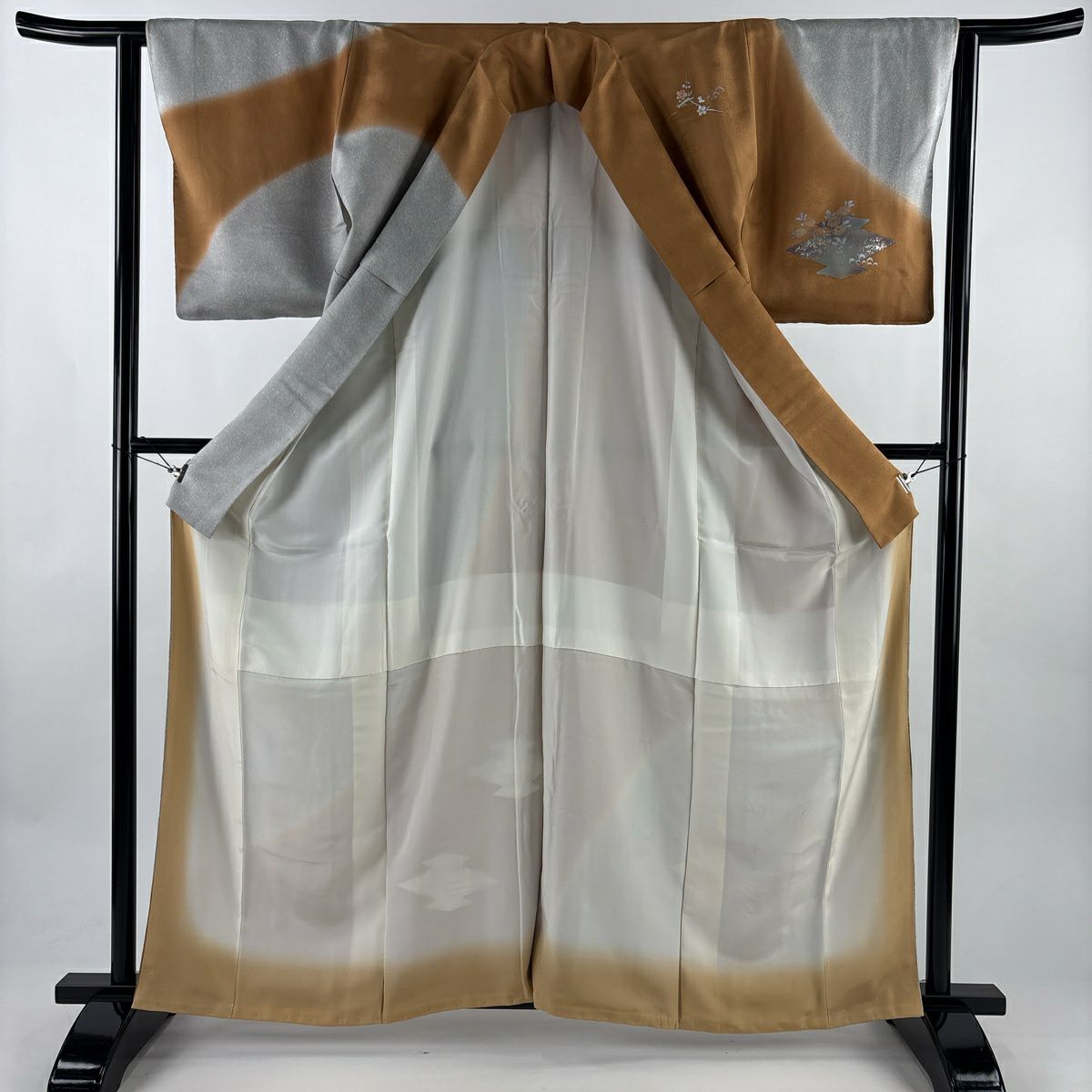訪問服 身長162cm 袖長63cm S 雙層 草花紋紋 流水 金銀彩 刺繡 茶 純蠶絲 秀品級 一つ紋