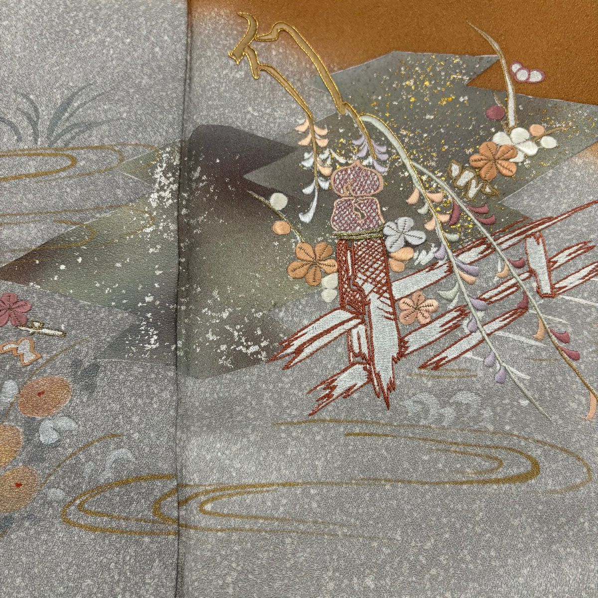 訪問服 身長162cm 袖長63cm S 雙層 草花紋紋 流水 金銀彩 刺繡 茶 純蠶絲 秀品級 一つ紋