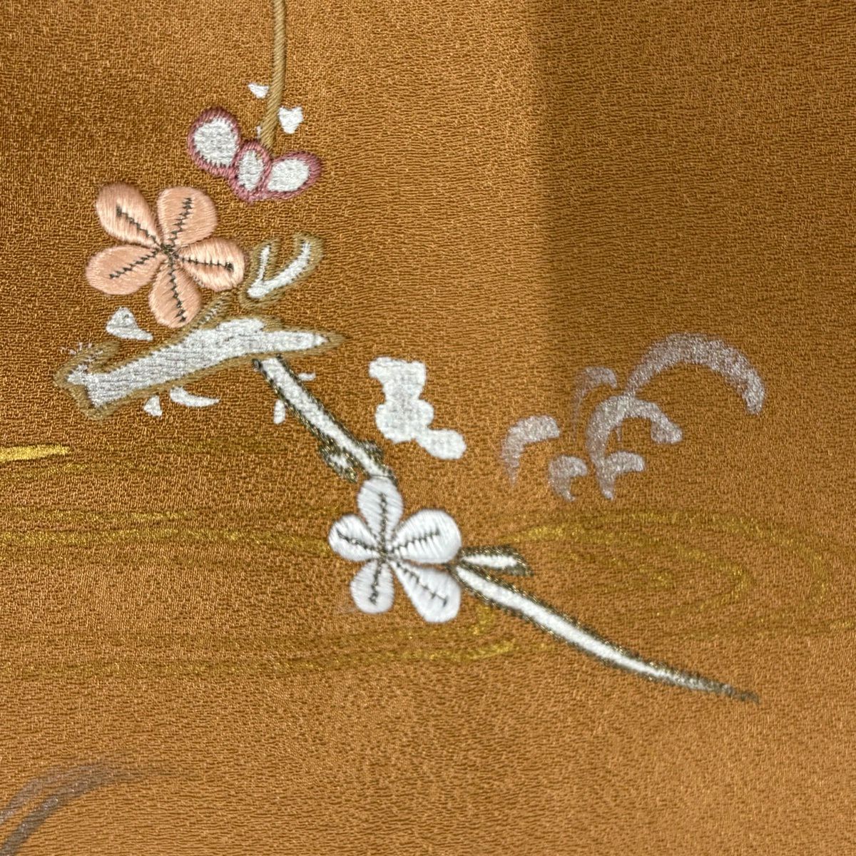 訪問服 身長162cm 袖長63cm S 雙層 草花紋紋 流水 金銀彩 刺繡 茶 純蠶絲 秀品級 一つ紋