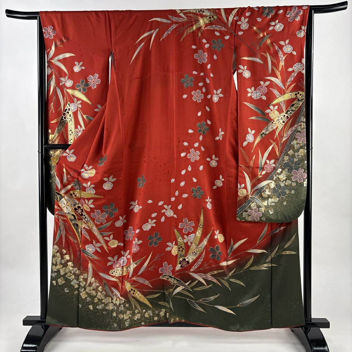 振袖禮服 身長159cm 袖長65cm M 雙層 櫻花 蘆竹子 金絲 金銀彩 朱 純蠶絲 優品級