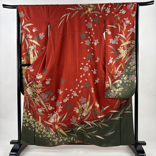振袖禮服 身長159cm 袖長65cm M 雙層 櫻花 蘆竹子 金絲 金銀彩 朱 純蠶絲 優品級