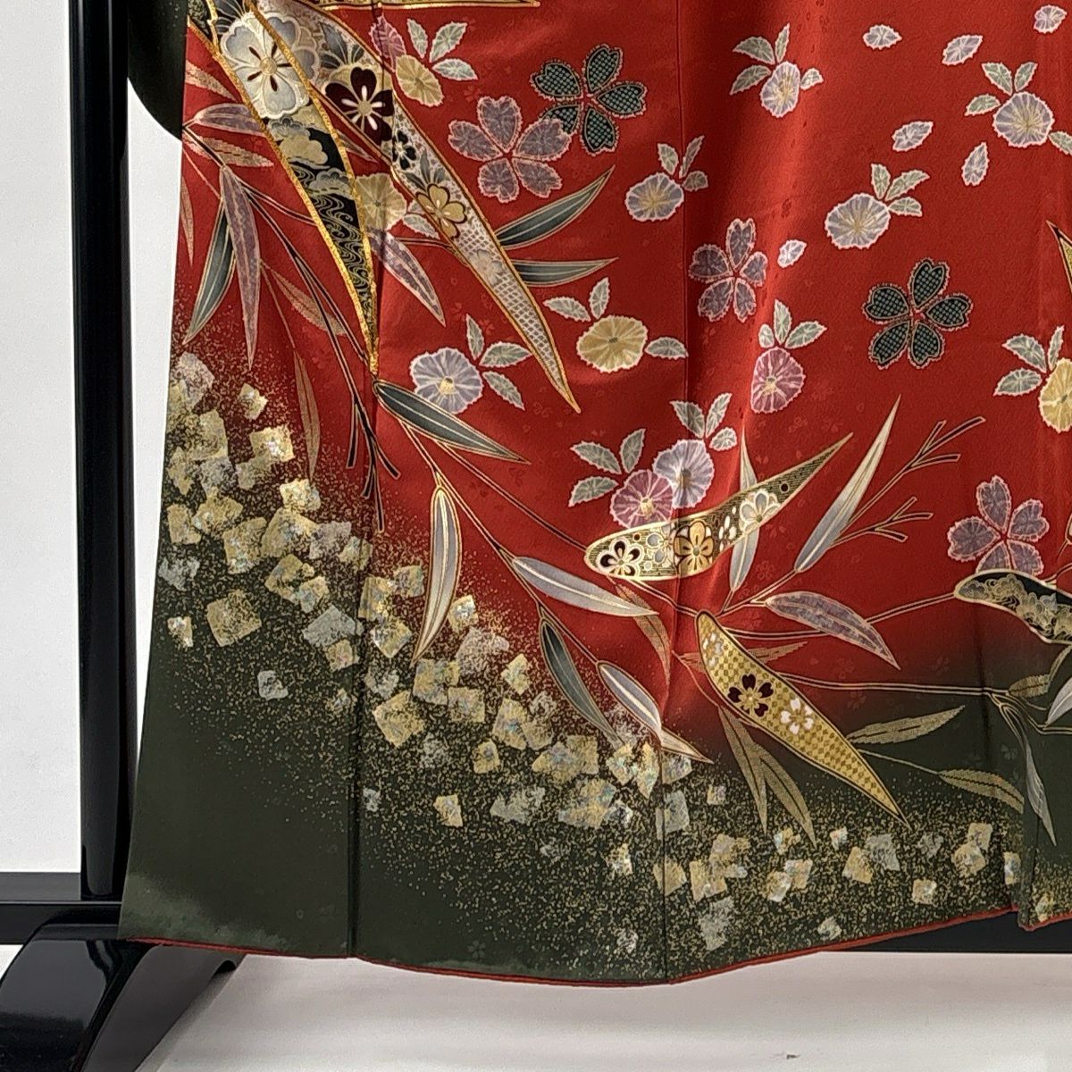 振袖禮服 身長159cm 袖長65cm M 雙層 櫻花 蘆竹子 金絲 金銀彩 朱 純蠶絲 優品級